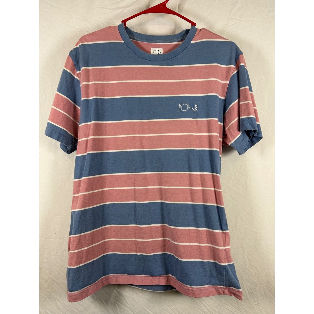 Polar Skate Co Striped T-Shirt Mens Large Blue Pink Short‎ Sleeve Cotton Tee